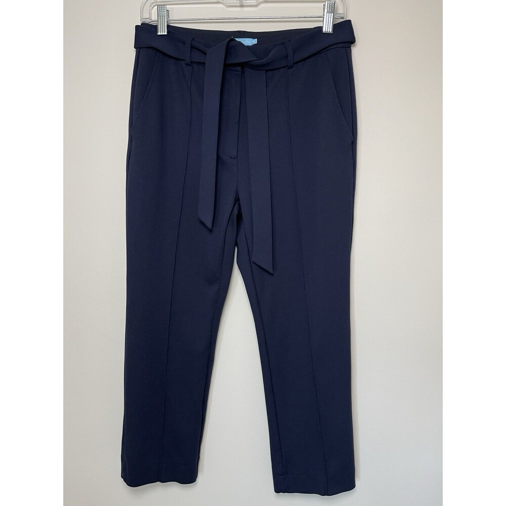 J McLaughlin Tie Belt Stretchy Pants 4 Navy Blue Ankle Trousers Preppy Career